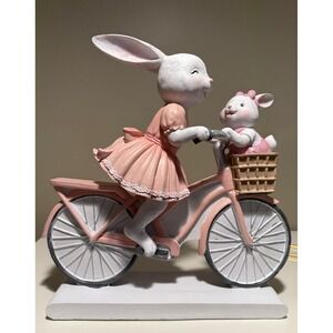 Easter Bunny Mother & Baby Figurine 14" on Bicycle Pink Spring Decor Collectible